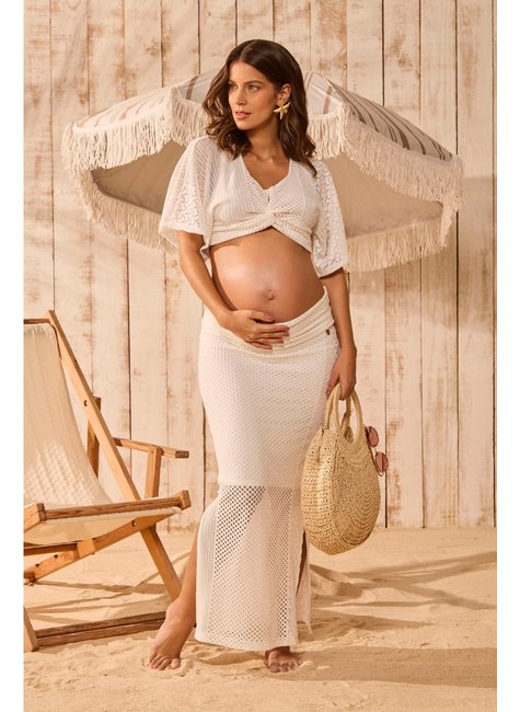 Conjunto Gestante em Malha Cropped e Saia com Renda