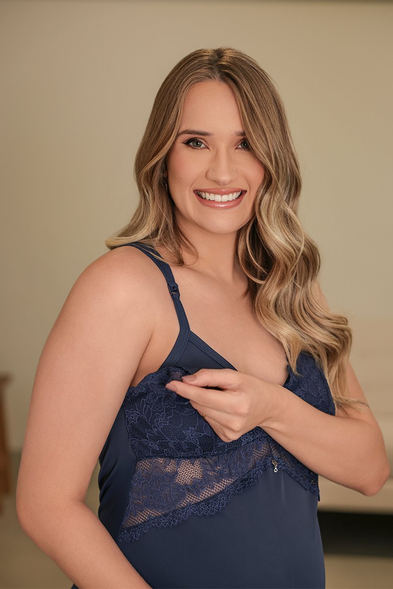 Camisola Alças Amamentação Com Renda - Emma Fiorezi - 404 Azul Marinho