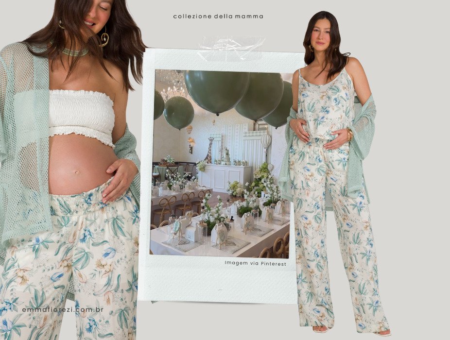 gravida com conjunto de estampa floral de cor azul amarelo e branco
