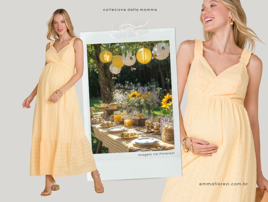 gravida com vestido amarelo de alca