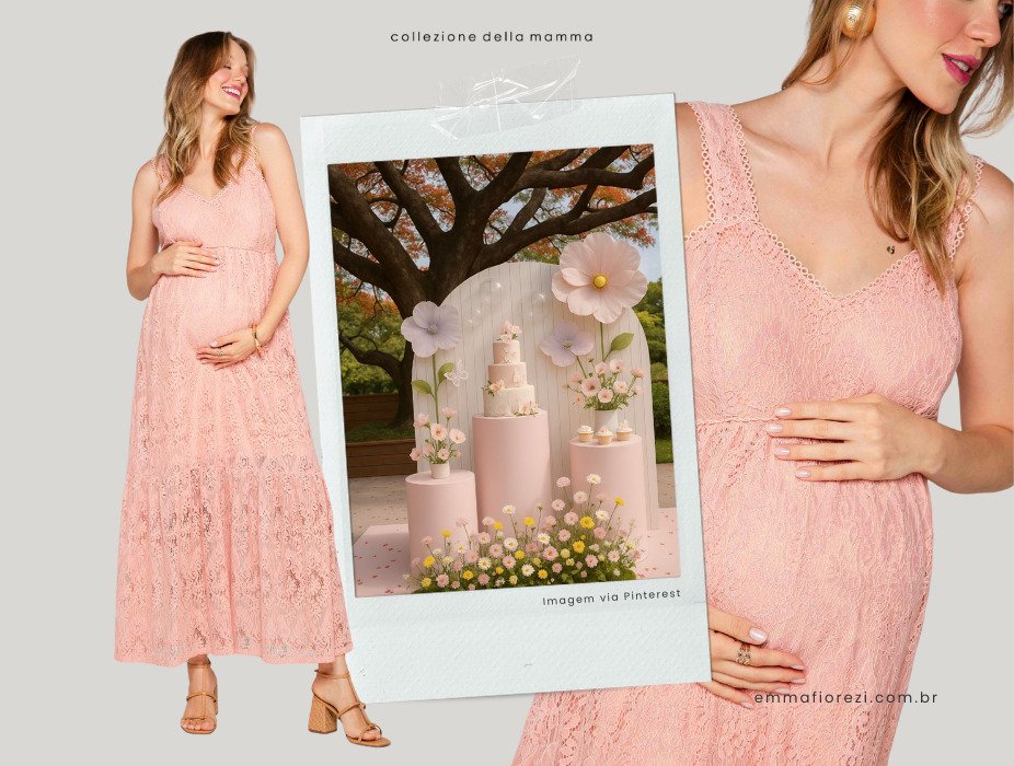 gravida com vestido de alca rosa claro de renda
