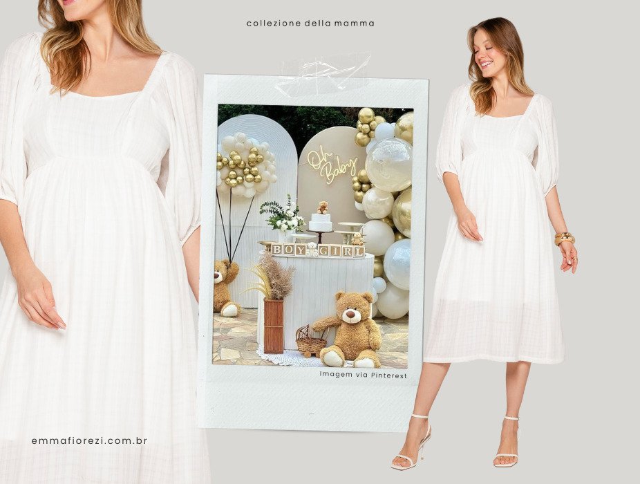 gravida de vestio midi branco com manga tres quartos