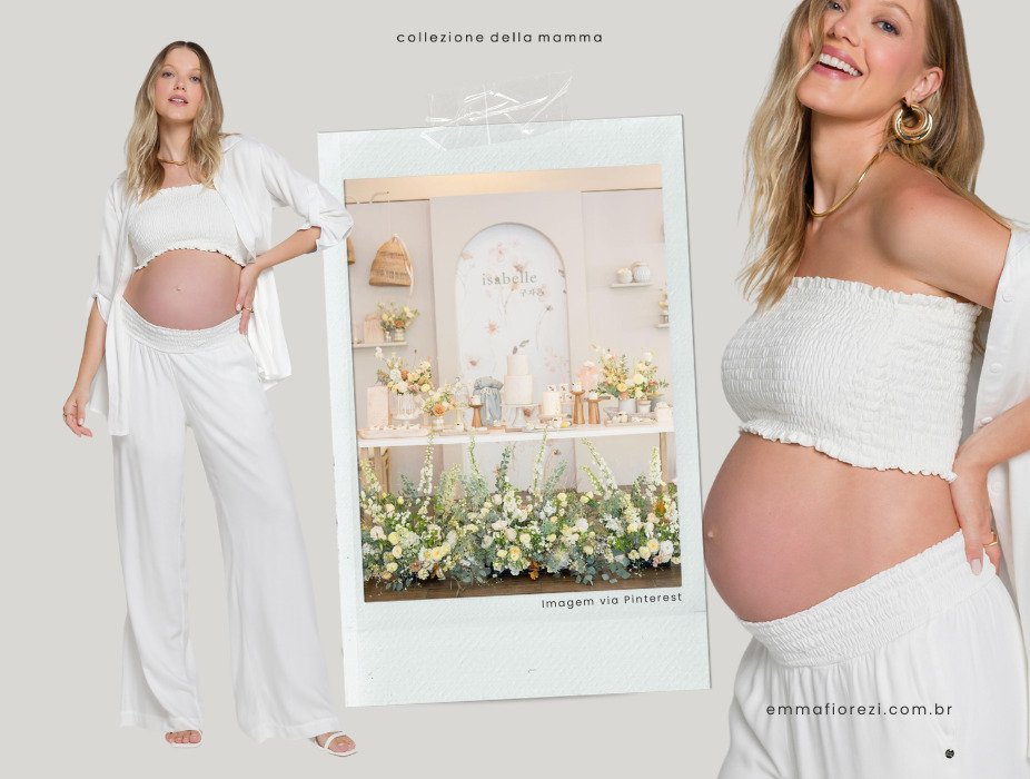gravida com conjunto de camisa calca e cropped brancos deixando a barriga a mostra