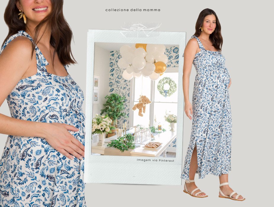 gravida com vestido de alca estamapdo em desenhos de cor azul