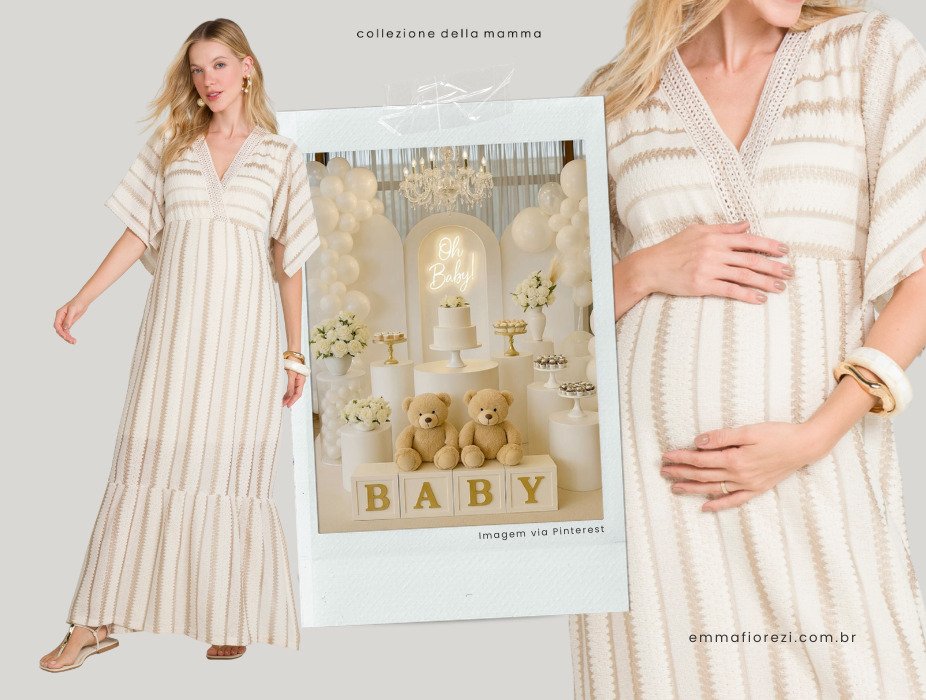 gravida com vestido longo listrado e manga tres quartos