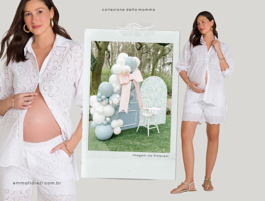 gravida com conjunto de camisa e shorts de tecido laise
