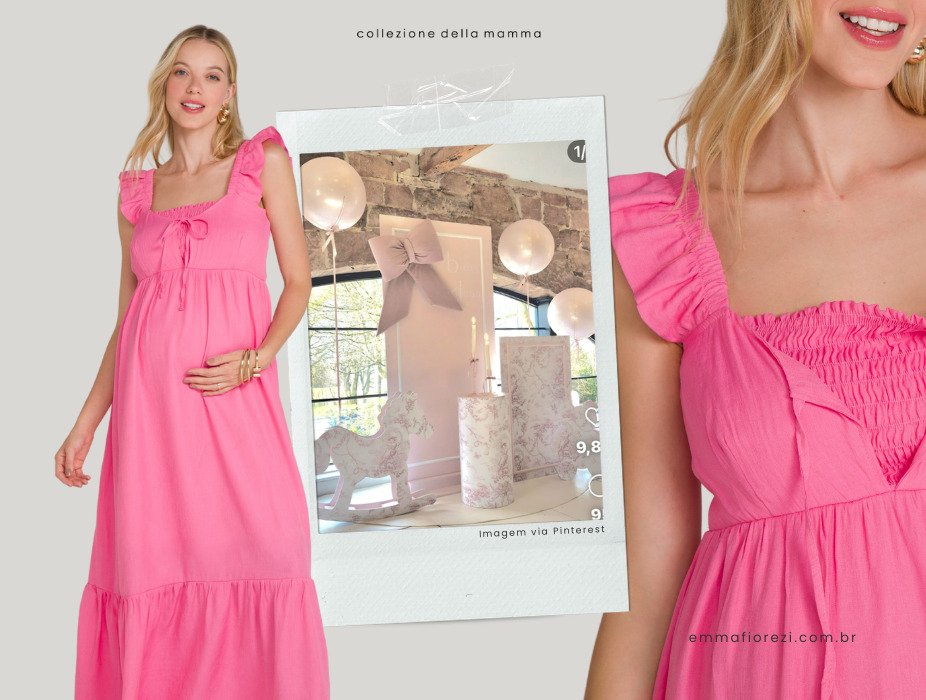 gravida com vestio longo de alca em rosa vibrante