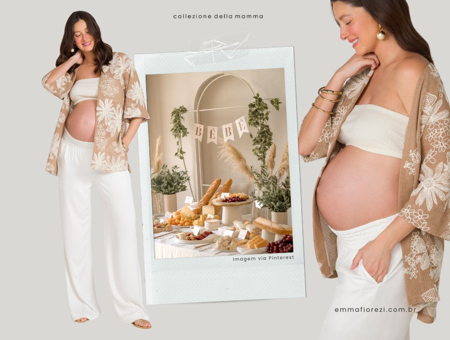 gravida com calca e cropped branco com kimono em estampa de flores e folhas