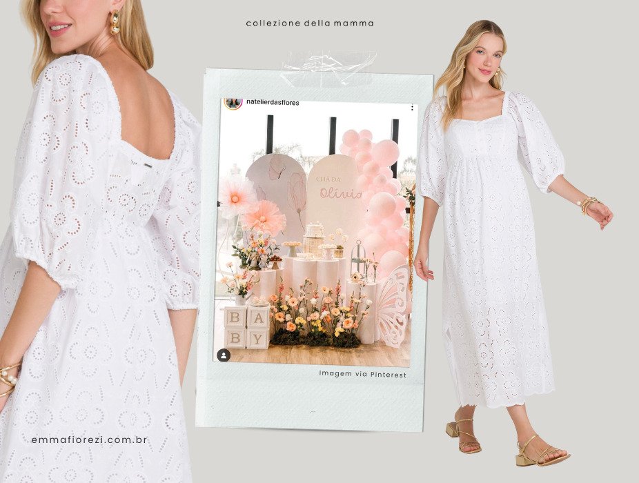 gravida com vestido longo em laise branco com mangas tres quartos