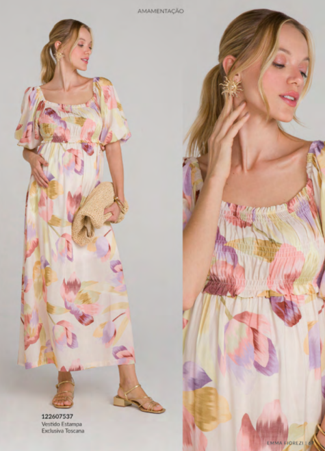 duas imagens modelo com mao na barriga e outra com foco na modelo ambas dela usando vestido estampa exclusiva toscana emma fiorezi 101