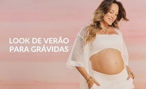 fundo rosa com escrito look de verao para gravidas e modelo olhando para baixo com cropped branco