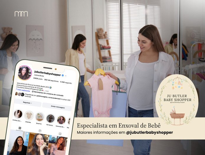 gravida comprando roupas para bebe ao fundo e instagram d a baby shopper a frente