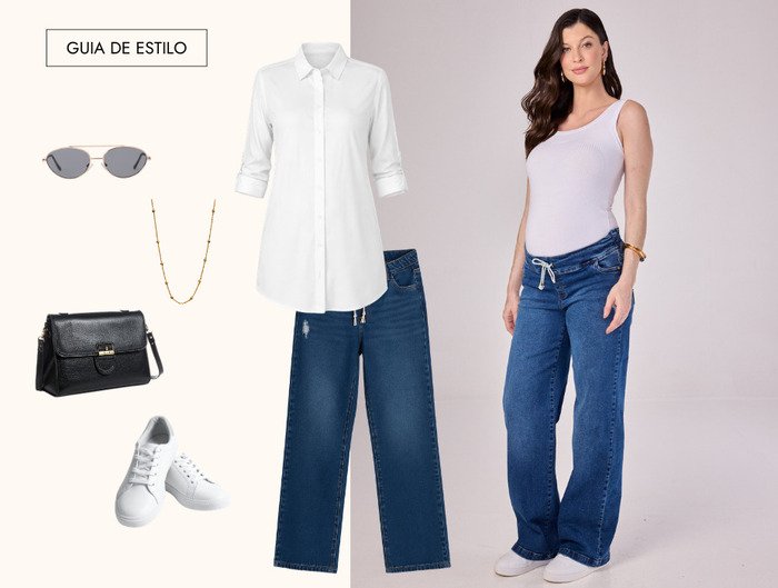 camisa branca e calca jeans centralizada com tenis branco bolsa colar e oculos a direita