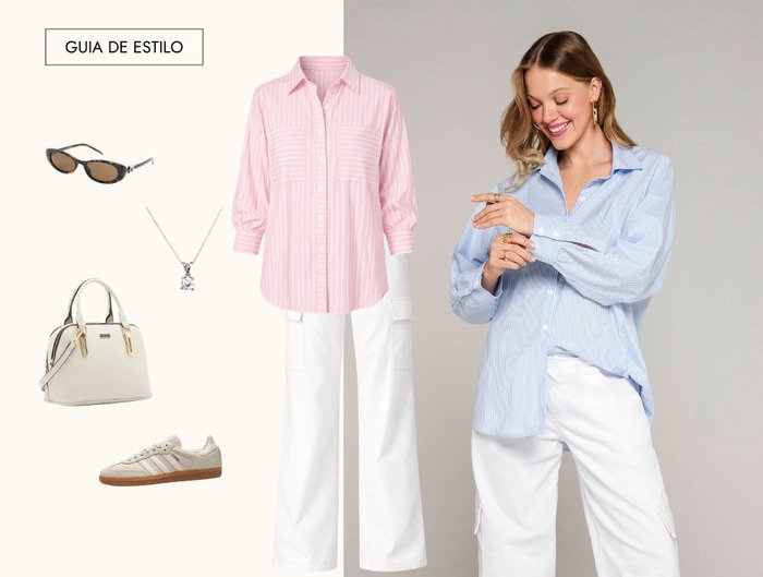 camisa listrada rosa e calca branca centralizada e tenis bolsa colar e oculos a esquerda