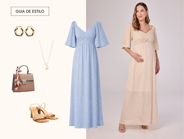 vestido de malha azul centralizado e bolsa sapato colar e brinco a esquerda
