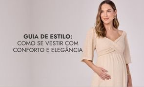modelo com vestido de malha e mao na barriga com escrito guia de estilo como se vestir com conforto