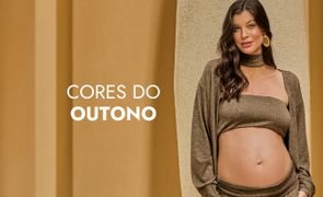 modelo com top casaco e calca em tom terroso com escrito Cores do Outono