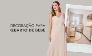 capa com modelo com vestido nude com foto de quarto de bebe com cores neutras com escrito decoracao para quarto de bebe