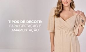 modelo com decote areia e decote transpassado com escrito tipos de decote para gestacao e amamentacao