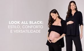 imagem com duas fotos da mesma modelo com looks all black diferentes com escrito look all black estilo conforto e versatilidade