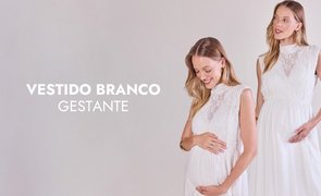 modelo com vestido branco de gola media e sem mangas com escrito vestido branco gestante